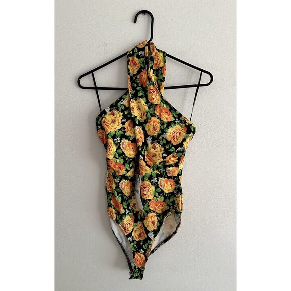 Zara Halter Top Bodysuit Size Small S Black Yellow Green Floral Twist Neck - Picture 5 of 13
